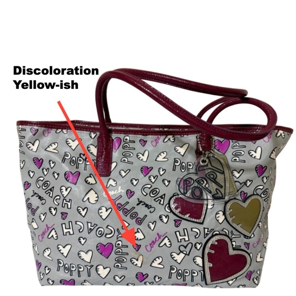 Coach Poppy Hearts Graffiti Tote With Bag Charms Coated Canvas Gray Pink Y2K - Picture 9 of 16